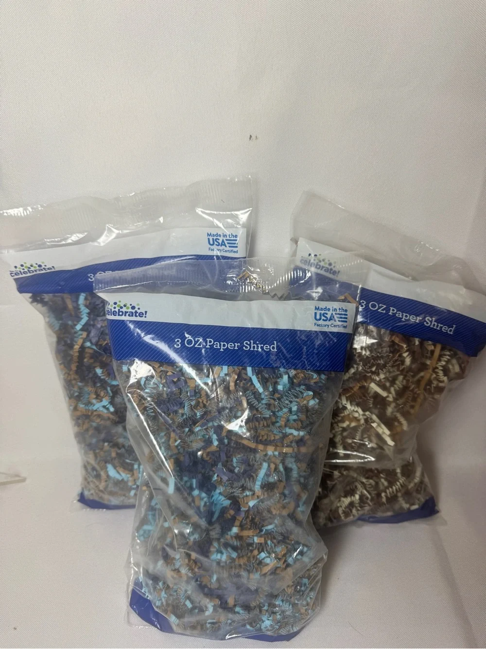 3 pack of 3 oz (9 ounces total) paper shred blue, brown, white